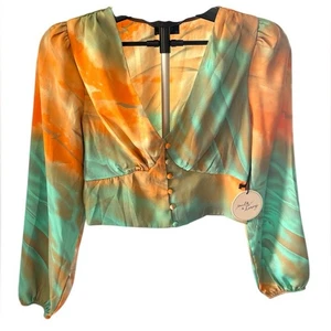 Milk and Honey Blouse Womens Medium Watercolor Long Sleeve Smocked Crop Top - Picture 1 of 5