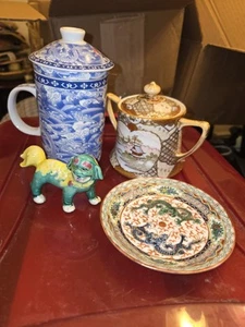 Lot Of Vintage Asian Pottery Nippon Sugar Bowl Mini Saucer And Cup - Picture 1 of 11