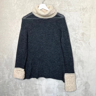 Tory Burch XL Angelina Turtleneck Sweater Boucle Trim Alpaca Wool Gray Beige - Image 1 of 4