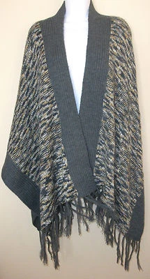 NEW WILLOW & CLAY wool blend gray/yellow/white cape with fringe detailing, M/L - Image 1 of 3