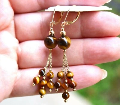 Hermosos aretes redondos de oro amarillo macizo de 14K con ojo de tigre natural respaldo de palanca Foto 1 de 4