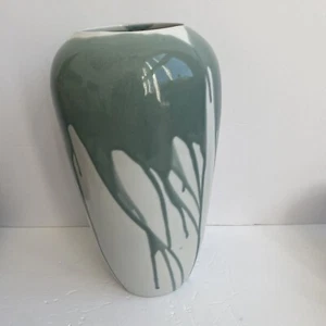 Large Drip Glaze Ceramic Art Vase White Teal Unsigned 12” Modern Decor - Picture 1 of 6