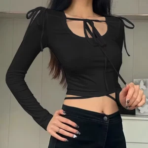 Y2K Emo Sexy T-shirt Women U-neck Pleated Lace-up Slim-fit Long-sleeved Crop Top - Picture 1 of 10
