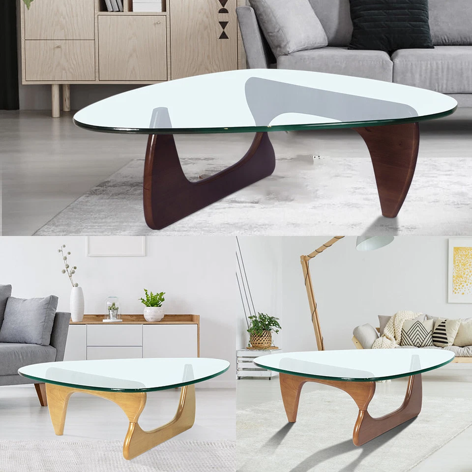 Living Room Noguchi Style Glass Triangle Coffee Table with Solid Wood Stand - Image 1 of 3