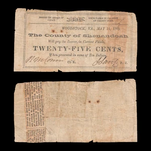 1863 25c Twenty Five Cent Shenandoah Woodstock Virginia VA Obsolete Currency - Picture 1 of 3