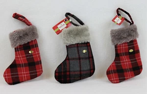 3 Mini Christmas Stockings Buffalo Plaid Plush Fur Cuff Holiday Decor 5.5" - Picture 1 of 6
