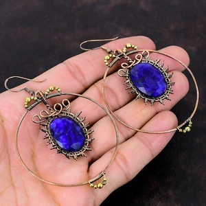 Blue Sapphire Copper Gift For Bridesmaid Wire Wrapped Drop/Dangle Earrings 3.43" - Picture 1 of 6