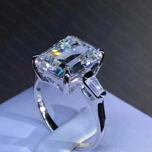 6.96 TCW Emerald Cut Moissanite 3-Stone Engagement Ring In 14k White Gold Plated - Picture 1 of 8
