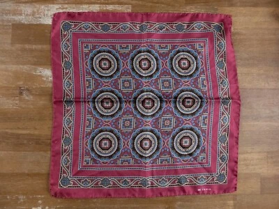 KITON Napoli red hand made medallion print silk pocket square authentic - Image 1 of 4