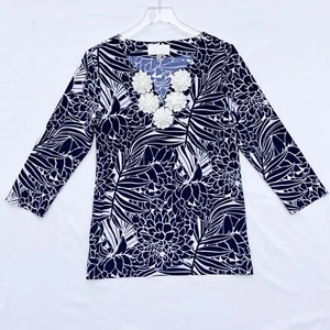 Pappagallo Island Leaf Floral Polyester Stretch V Neck Top Womens M - Picture 1 of 6