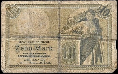World Currency 1906 Germany 10 Mark Reichskassenschein P 9 - Image 1 of 2