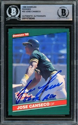 Jose Canseco Auto 1986 Donruss The Rookies RC 22 Oakland A's "86 AL ROY" Beckett - Image 1 of 2