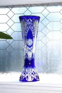 Jarrón Monumental Cristal Azul Cobalto Corte a Transparente 19" Obra Maestra De Colección - Imagen 1 de 8