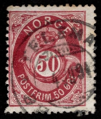Noruega 1877 SG62 (MI 30) granate 50 mineral sombreado posthorn gato £14 (SG 2018) usado Foto 1 de 2