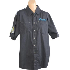 Coogi Shirt Mens Large Black Short Sleeve Button Front Embroidered Crest Patch - Picture 1 of 11