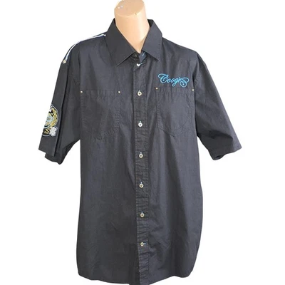 Coogi Shirt Mens Large Black Short Sleeve Button Front Embroidered Crest Patch - Image 1 of 4