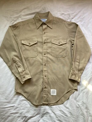 棕褐色军用/工作纽扣衬衫 Patriot by Weintraub Bros 尺寸 S 14.5 美国制造 — 第 1/4 张图片