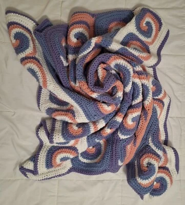 HANDMADE!!! Vintage Crocheted Baby Afghan Blanket Blue Purple Peach White - Image 1 of 3