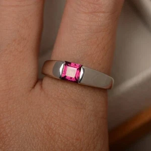Pink Ruby Women Ring Lab Created Square Cut Gemstone 925 Sterling Silver Ring - Picture 1 of 4