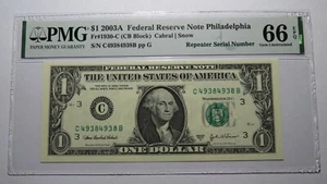 $1 2003 Repeater Serial Number Federal Reserve Currency Bank Note Bill PMG UNC66 - Picture 1 of 3