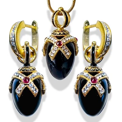 925 Silver Black Onyx Faberge Egg Jewelry Set Swarovski Crystals Genuine Garnets - Image 1 of 4