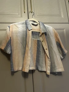 Primark Cropped Lament Blend Stripe Shirt Blue, Cream, Orange Size Medium - Picture 1 of 3