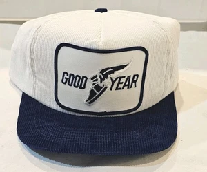 Cappello vintage Goodyear berretto snapback camionista bianco e blu navy velluto a coste  - Foto 1 di 5
