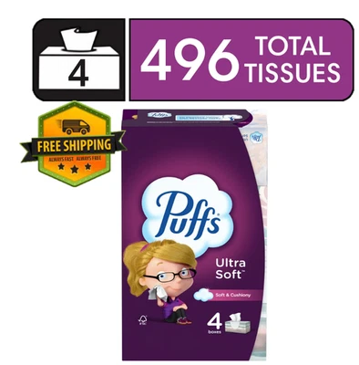 Puffs Ultra Soft Facial Tissues, 4 Family-Sized Boxes, 124 Tissues in Each Box
