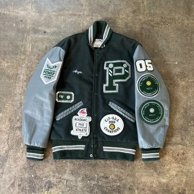 Vintage 2000s DeLong HighSchool Varsity Jacket Patched Wool Leather Jacket Green - Image 1 of 4