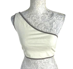Pretty Little Thing Crop Top Cream One Shoulder Grey Trim Women's UK Size 8 - Picture 1 of 6