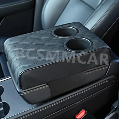 PU Leather Car Armrest Pad Cover Center Console Box Cushion Mat W/2 Cup Holder - Image 1 of 4