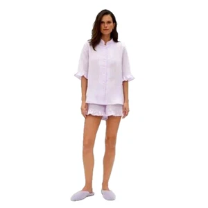 Schlafanzug Leinen Lounge Anzug Knopfleiste Hemd & Shorts Pyjama Set XS Lila - Bild 1 von 10
