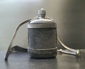 Vintage Black Water Bottle Canteen Leather Felt Cradle & Shoulder Strap Military