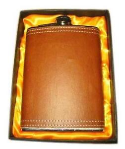 LARGE 8 OZ BROWN LEATHER WRAPPED FLASK IN GIFT BOX bar hip stainless steel NEW