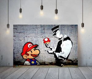 BANKSY MARIO AND COP -DEEP FRAMED CANVAS WALL ART PICTURE PAPER PRINT- RED BLUE - Picture 1 of 17