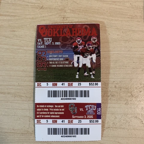 2005 Oklahoma Sooners Texas Christian University TCU Horned Frogs Ticket Stub Cover
