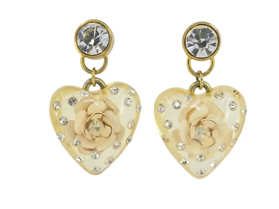 VTG BETSEY JOHNSON WHITE ROSE INLAY w/ CRYSTAL ACCENT LUCITE HEART DROP EARRINGS - Image 1 of 4