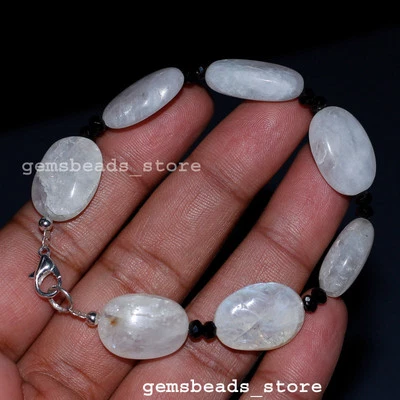 Bracciale ovale in argento sterling 925 con pietra di luna arcobaleno +... - Immagine 1 di 4