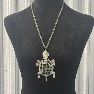 Collar Vintage Tono Plata Tortuga Colgante Grande Cadena Filigrana Articulada Foto 1 de 4