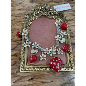 Betsey Johnson Strawberry Necklace Flowers Rhinestones Charm Gold Chain - Picture 1 of 3