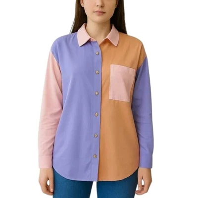 NUEVA Camisa Caballete Grande Pequeña Manga Larga Bloques de Color Rosa Coral Lavanda BOHO Foto 1 de 4