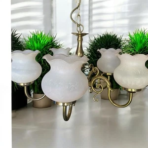 Vintage Heavy Brass 5 Arm Ceiling Light Chandelier With 5 Frosted Glass Shades - Picture 1 of 7