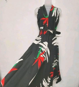 Ladies Dress Size 10 Black Multicoloured Floral Halter Neck Sleeveless Belted - Picture 1 of 15