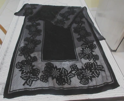 Xale Vintage Cejon Preto Seda Dévoré Burnout Veludo Envoltório Cardo Floral 70 X 20 - Imagem 1 de 4