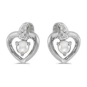 10k White Gold Freshwater Cultured Pearl And Diamond Heart Earrings - Picture 1 of 2
