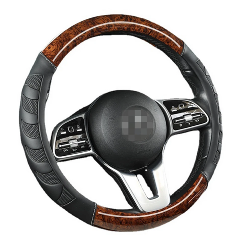Coffee Leather Car Steering Wheel Cover Breathable Anti-slip Car Accessories - Image 1 of 4