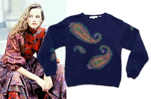 Perry Ellis Vintage Fall 1981 Navy Blue Wool Paisley Intarsia Hand Knit Sweater - Picture 1 of 5