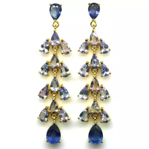 Piedra Preciosa Caliente Zafiro Azul Y Tanzanita Pendientes 925 Plata 18K Oro - Imagen 1 de 4