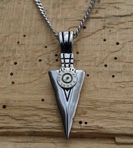 Heavy Stainless Steel Arrow Necklace with 9 mm Bullet Casing. Optional Crystal. - Picture 1 of 8