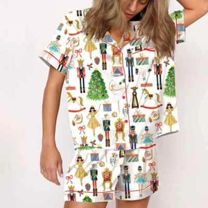 Women Christmas Pajamas Shorts Set White Christmas Pajamas Short Sleeves - Picture 1 of 30
